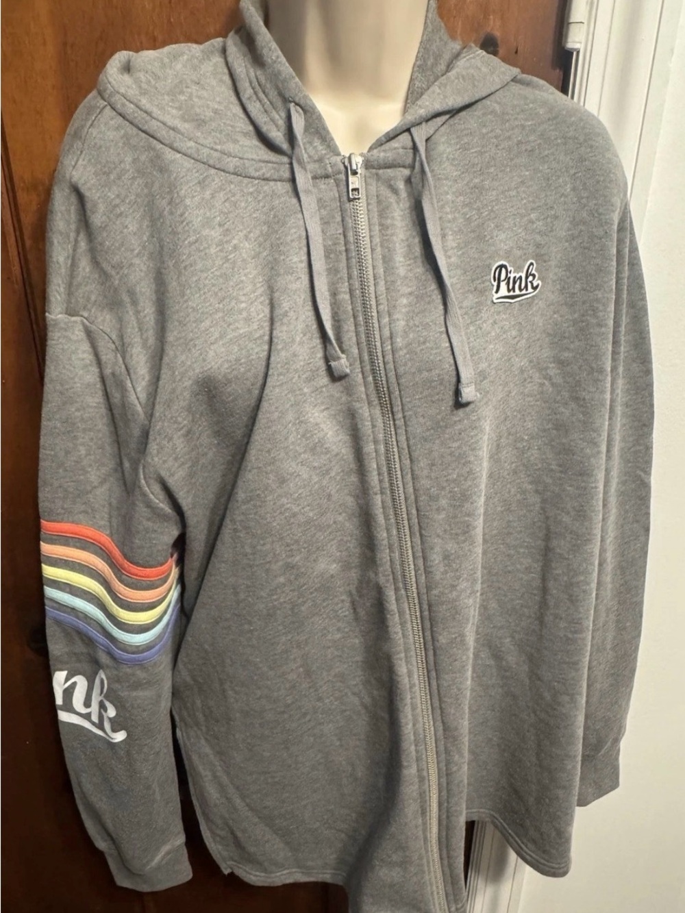 Victorias Secret PINK Gray Rainbow Stripe Full Zip Hoodie Love Pink Back Logo L